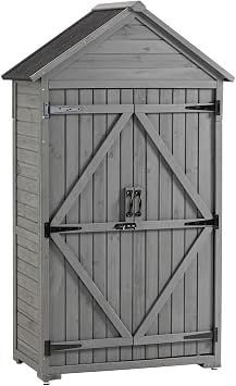 Outdoor Wooden Storage Cabinet, Garden Wood Tool Shed, Outside Wooden Shed Closet with 3 Detachable Shelves, Waterproof Roof, and Latch for Yard Patio Lawn Deck Grey