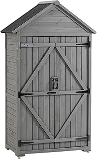Outdoor Wooden Storage Cabinet, Garden Wood Tool Shed, Outside Wooden Shed Closet with 3 Detachable Shelves, Waterproof Roof, and Latch for Yard Patio Lawn Deck (Grey)