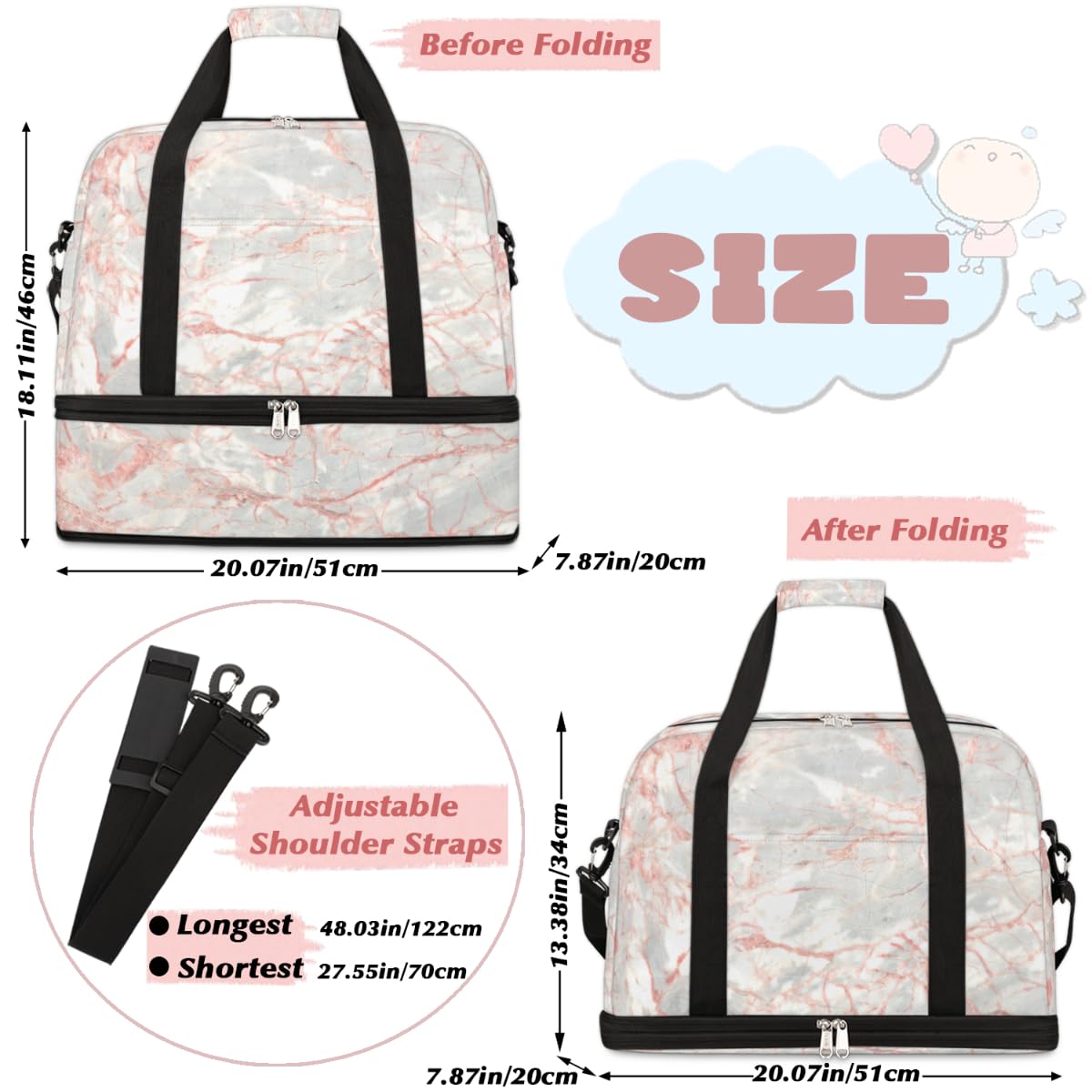 Bolsa de viaje plegable con patrón de mármol de textura de 47 litros, bolsa de fin de semana con funda de carrito de hombro separado para deportes, gimnasio, viajes, multicolor, 47L, Bolsa de viaje