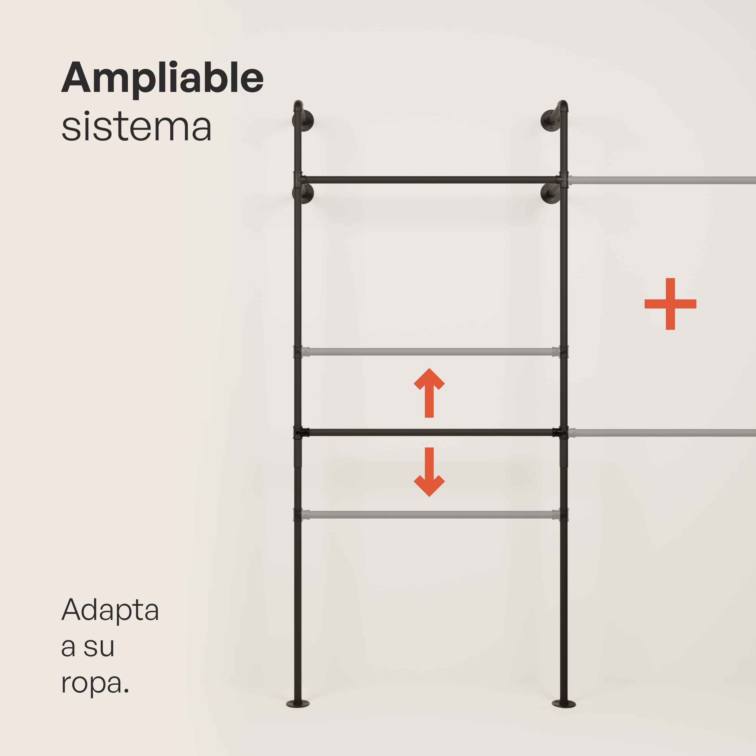 pamo Perchero de Pared Industrial Negro 105x222 cm – Barra para Colgar Ropa | Armario Abierto Metálico – Vestidor Abierto Modular – Soporta 200 kg