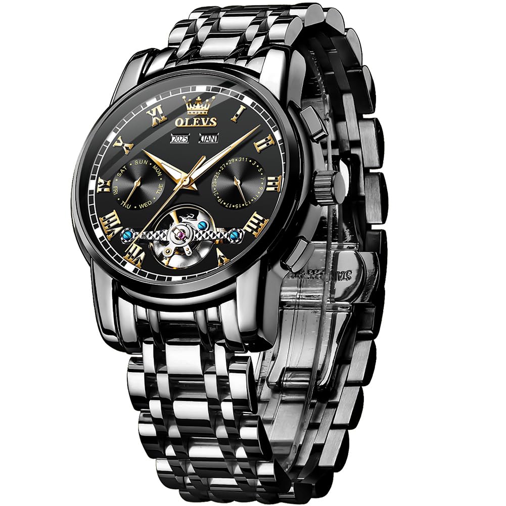 OLEVSMen's Wristwatch, Fashionable, Automatic Winding, Waterproof, Date, Luminous Business, Skeleton Watch, Popular, skeleton-black, Bracelet Type