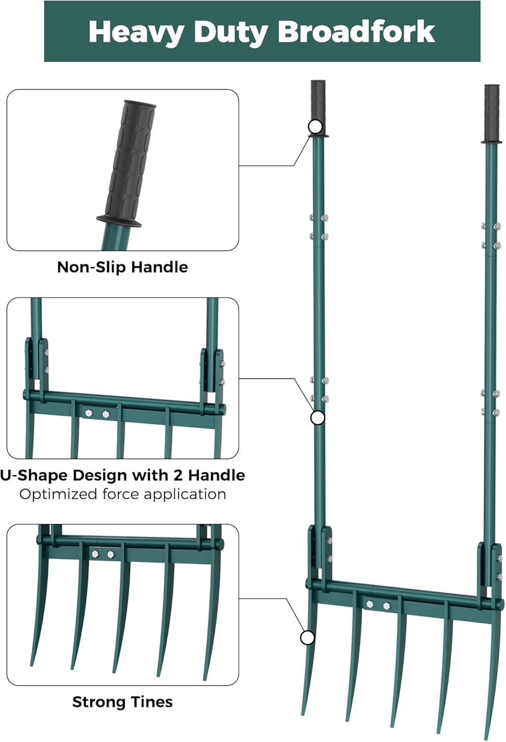 Heavy Duty Broadfork Garden Tool, 5-Tine Manual Soil Tiller for Deep Digging & Turning Soil, 54" Long Broad Fork for Farm and Home Garden