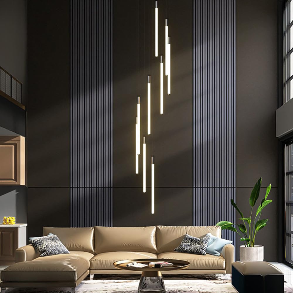 Lampadario d'ingresso Grande in Oro per atrio, Scale, soffitti Alti, Lampada a Sospensione lineare a Tubo Lungo, Stile Rustico Nero, Moderno, LED, Soggiorno, Tavolo da Pranzo, corridoio