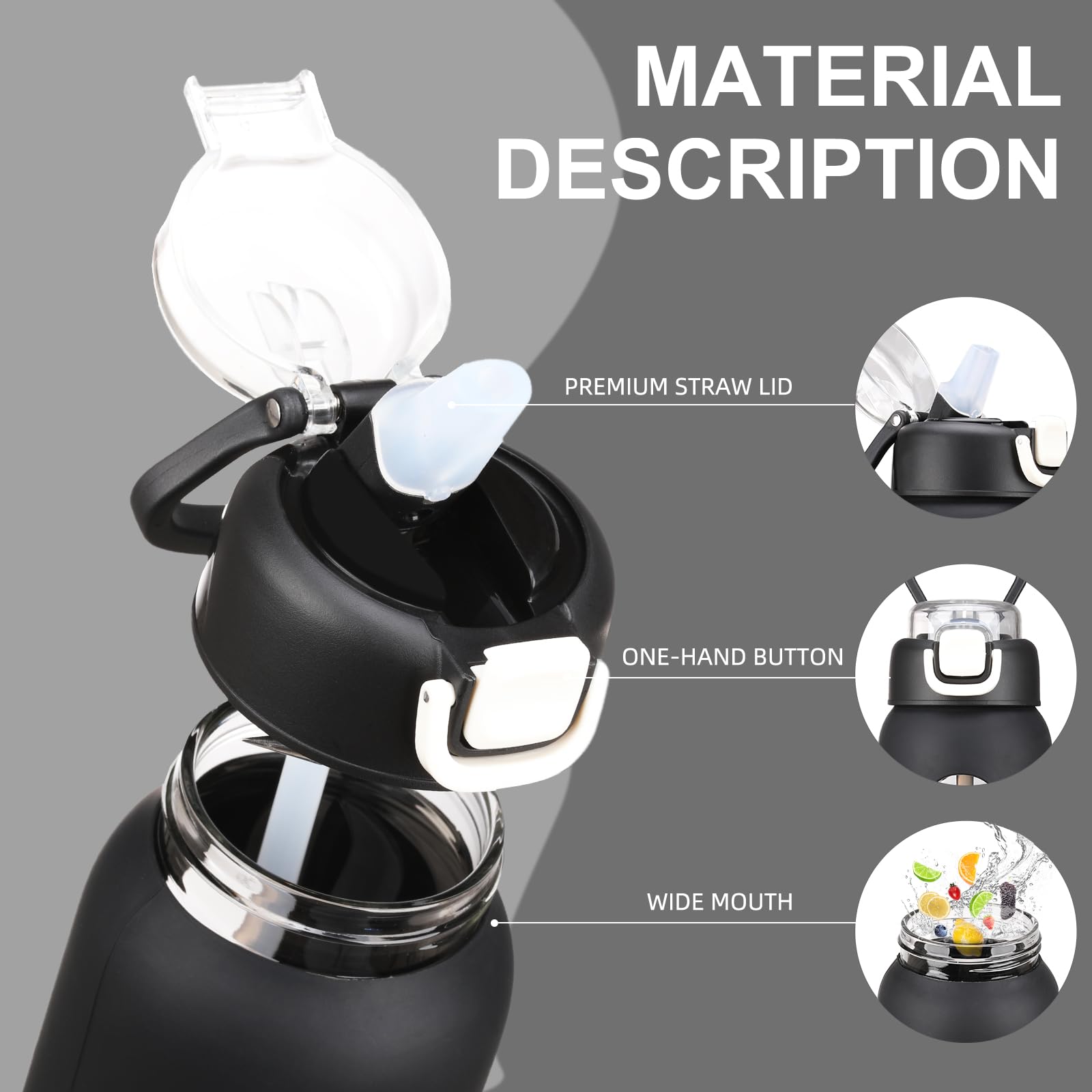 chunmo Bouteille d'eau en verre de 710 ml avec 2 couvercles, couvercle à bec verseur et couvercle à paille, bouteille d'eau motivante avec marqueur de temps et manchon en silicone, étanche, noir