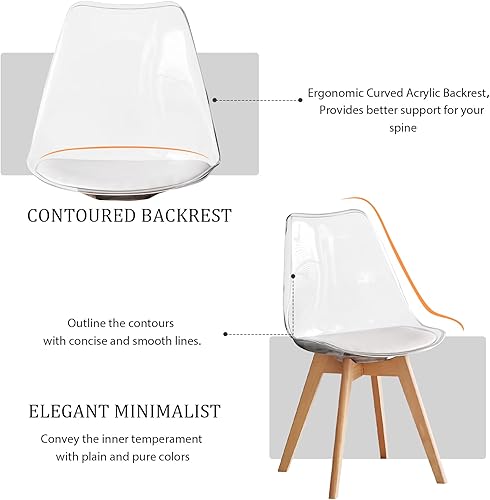 Miniatura 6 de Juego de 4 sillas de comedor transparentes, sillas de cocina modernas con cojines de piel sintética y patas de madera, silla de cena acrílica para
