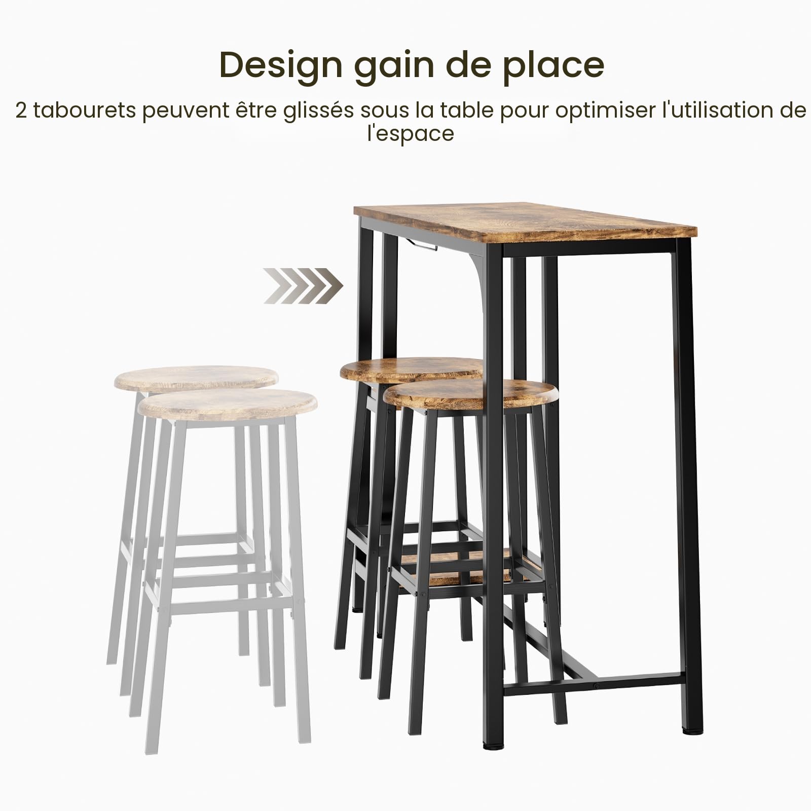 Bealife Ensemble Table de Bar avec 2 Tabourets – Table Haute Cuisine Multifonction avec 2 Étagères et Porte-Bouteilles, Table à Manger Debout Gain de Place pour Cuisine, Salon, Bar (Rétro)