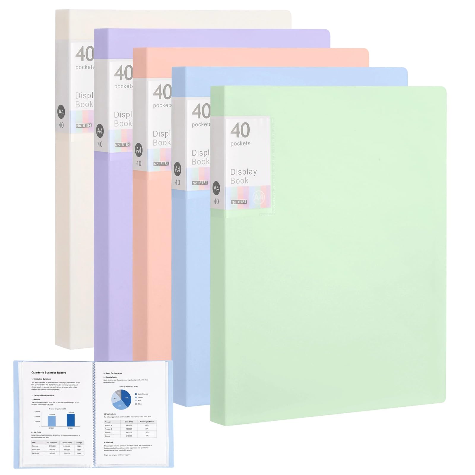 5 Pcs A4 Display Folders with Plastic Sleeves - 12.2 x 9.1 x 1 in A4 Presentation Folder with 40 Pockets Plastic Sleeves, Soft Colors Waterproof Portfolio Folder for Office Family Document Organizer