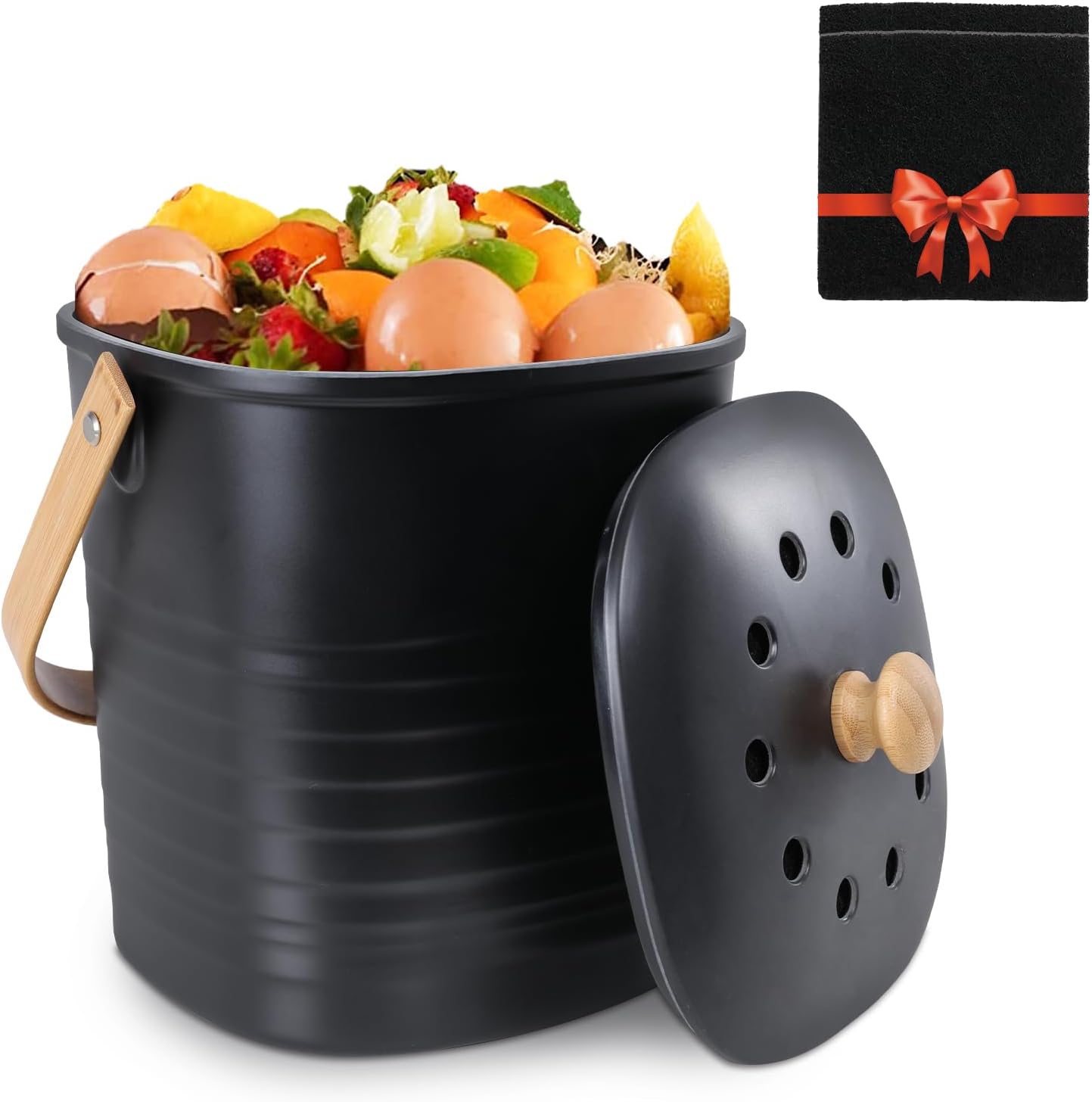 Vipush Compost Bin Kitchen Countertop Compost Bin with lid – Small Compost Bin Made of Sustainable Bamboo Fiber Includes Charcoal Filter, Black