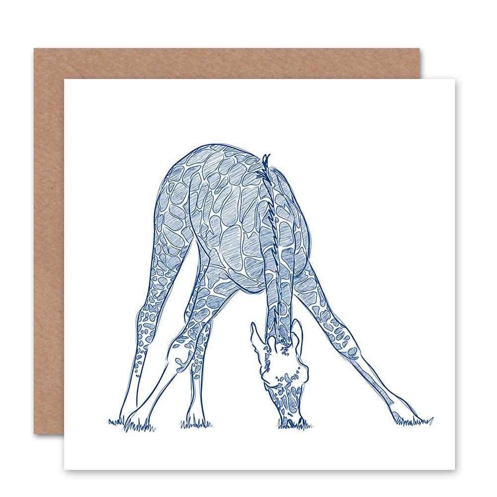 Wee Blue Coo Giraffe Grazing Blue Sketch - Blank Greeting Card Cs064