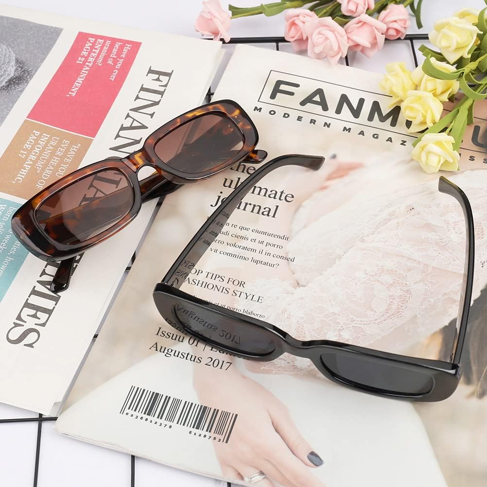 kuou 2 Pieces Square Rectangle Sunglasses, Fashion Retro Glasses, UV 400 Protection Driving Eyewear for Women Men 5