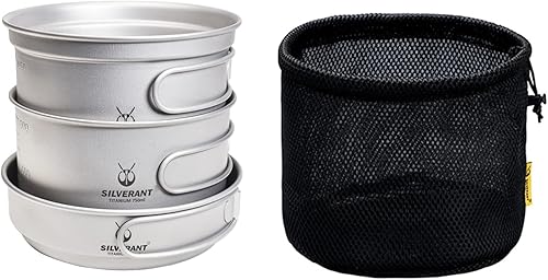 SILVERANT Juego de sartenes ultraligeras de titanio con asas plegables plegables plegables para campamento, mochileros, senderismo con marcas de