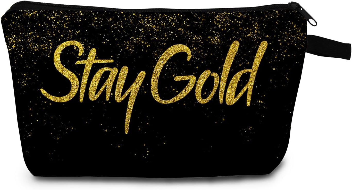 Golden Sparkle Stay Gold Print Makeup Bag Gift for Birthdays Holiday Travel Organizer Small Zipper Cosmetic Pouch