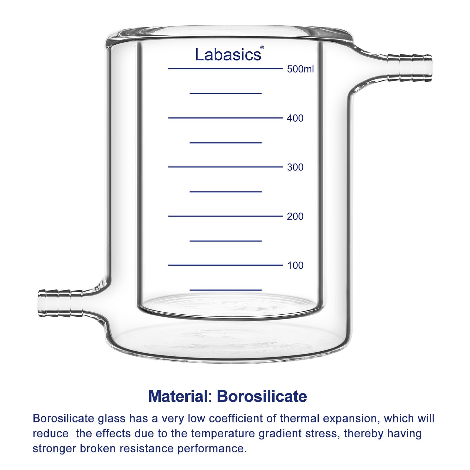 Labasics Becher con Giacca, Realizzato in Vetro Borosilicato di Alta, Vetro da Laboratorio Doppio Strato per Controllo Termico e Reazioni Chimiche, 500 ml
