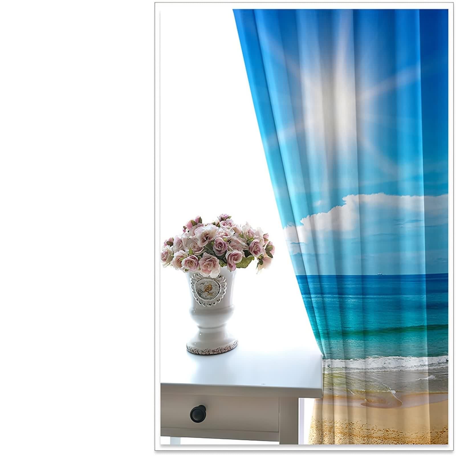 Rideau Occultant, Rideau Anniversaire Bleu Blanc Marron Polyester Soleil, Mer et Plage 214L x 274H CM Lot de 2