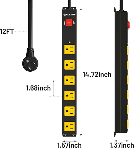Miniatura 8 de Regleta protectora de sobretensiones de 2700J, regletas de alimentación resistentes con cable de 12 pies de largo y enchufe plano, tira de 6