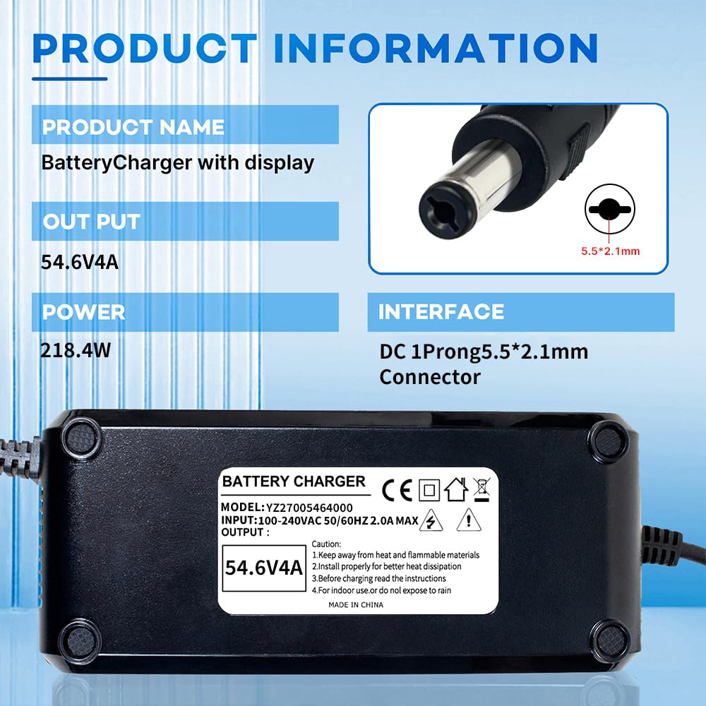 Ładowarka do akumulatora litowego 48 V do roweru elektrycznego/skutera elektrycznego, wtyczka DC z otworem 5,5 × 2,1 mm, zasilacz 54,6 V 4 A z wbudowanym wentylatorem, ze wskaźnikiem