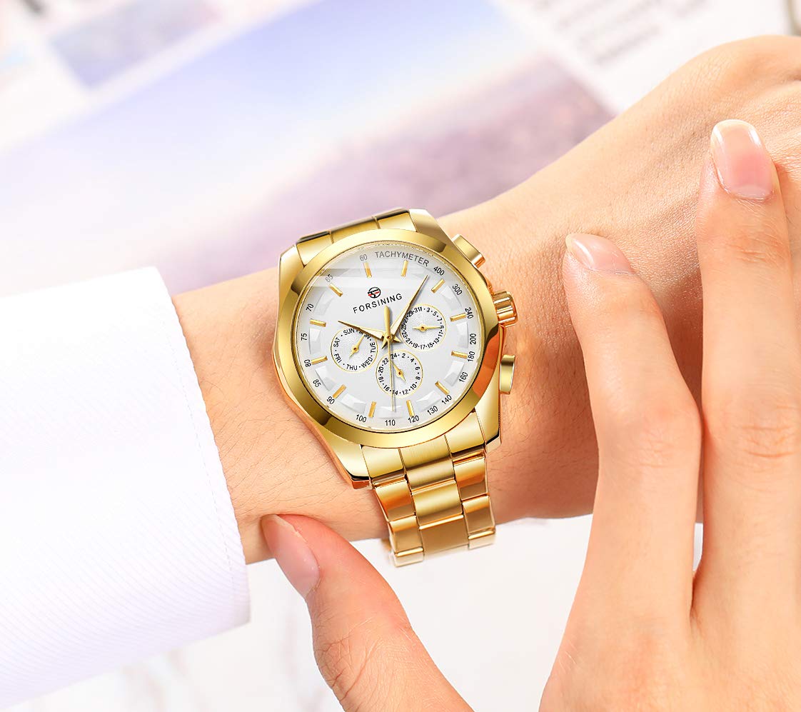 Forsining, orologio da polso da uomo, impermeabile, analogico, al quarzo, con cinturino in acciaio inox