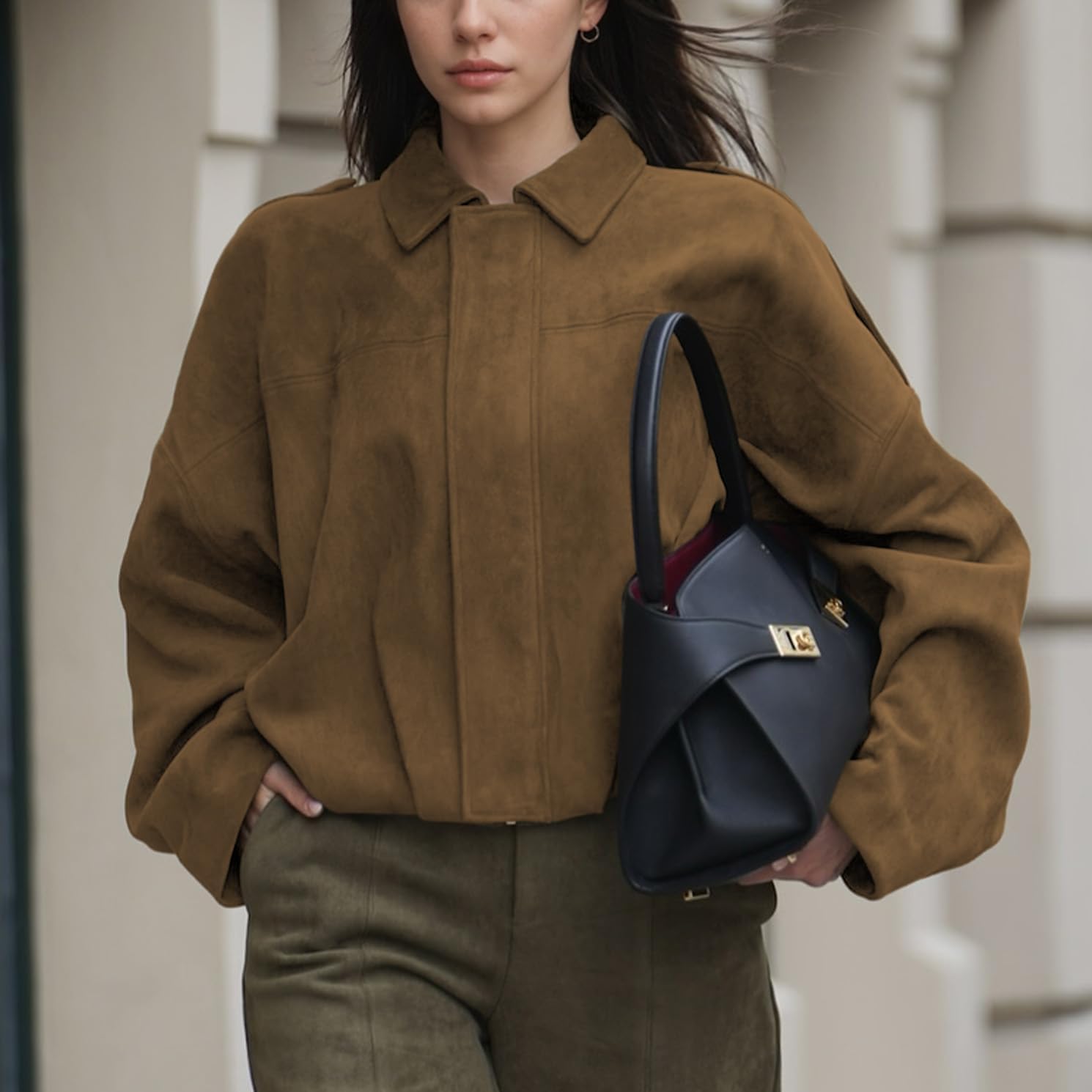 Womens Faux Suede Bomber Jacket Casual Lightweight Batwing Long Sleeve Oversized Coat Streetwear Outfits - Image 3