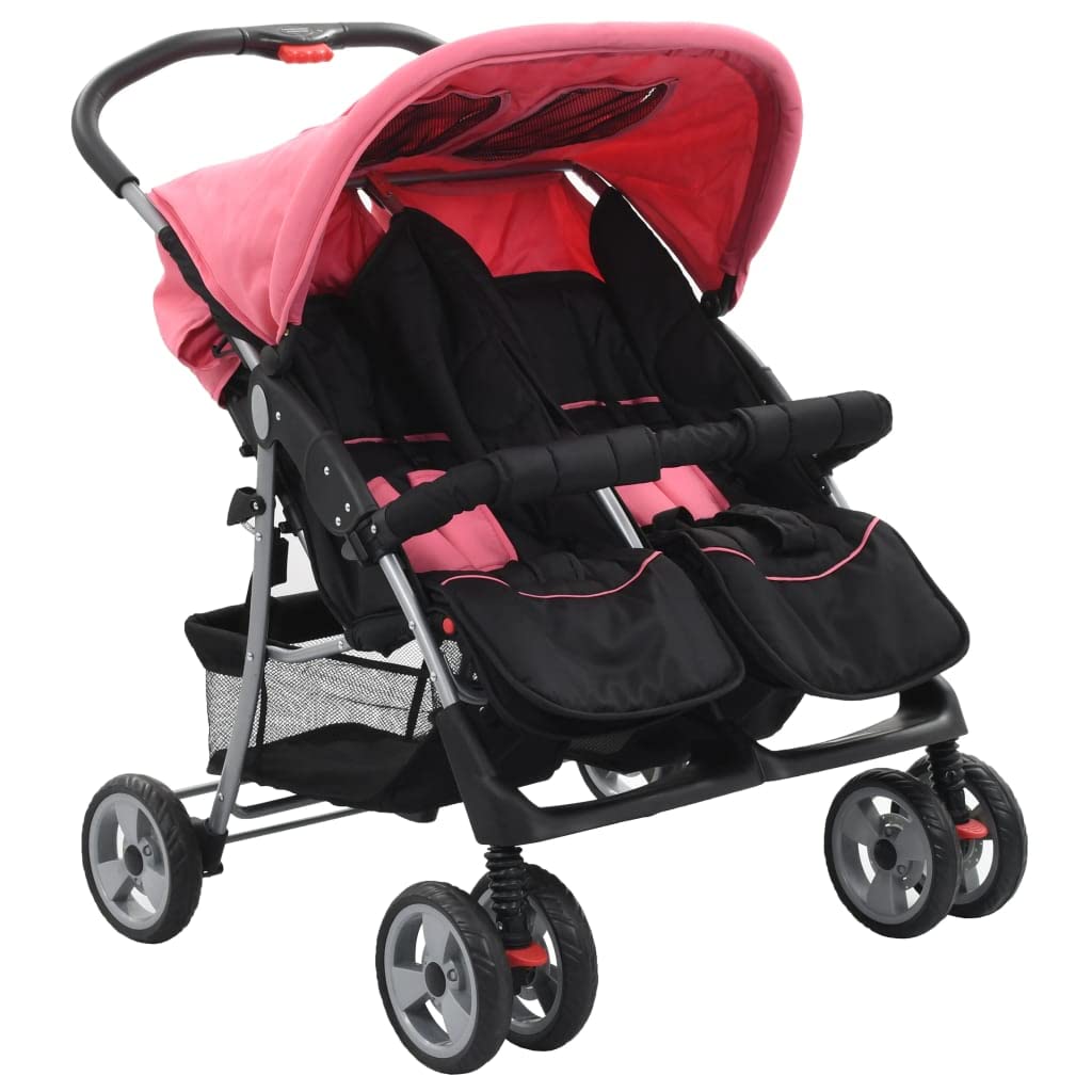 Passeggino Gemellare Rosa e Nero in Acciaio,Bebè e bimbi,Trasporto bebè,Passeggini-10155