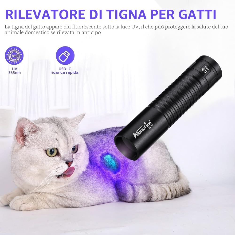 Alonefire SV114 Torcia UV LED Professionale 365nm USB C Ricaricabile Ultravioletti con Batteria