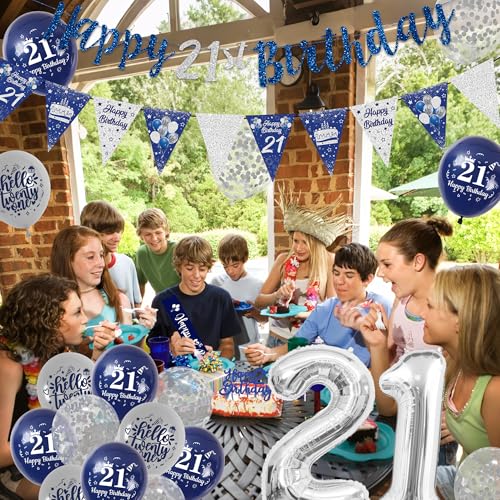 Aurmonigo 21st Birthday Decorations for Him - Blue and Silver Happy Birthday Banner Balloons Cake Topper Number 21 Foil Balloon, Sash Bunting Party Supplies for 21 Years Old Theme Decor - Image 6