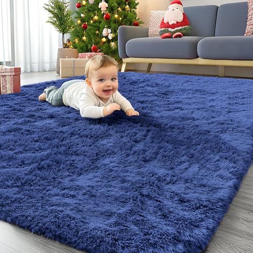 OLANLY Area Rugs for Living Room Bedroom, Machine Washable 4x5.9 ft Soft Fluffy Shaggy Bedside Rug, Indoor Floor Carpet for Kids Girls and Boys, Dorms, Nursery Rooms, Home Decor Aesthetic, Navy Blue