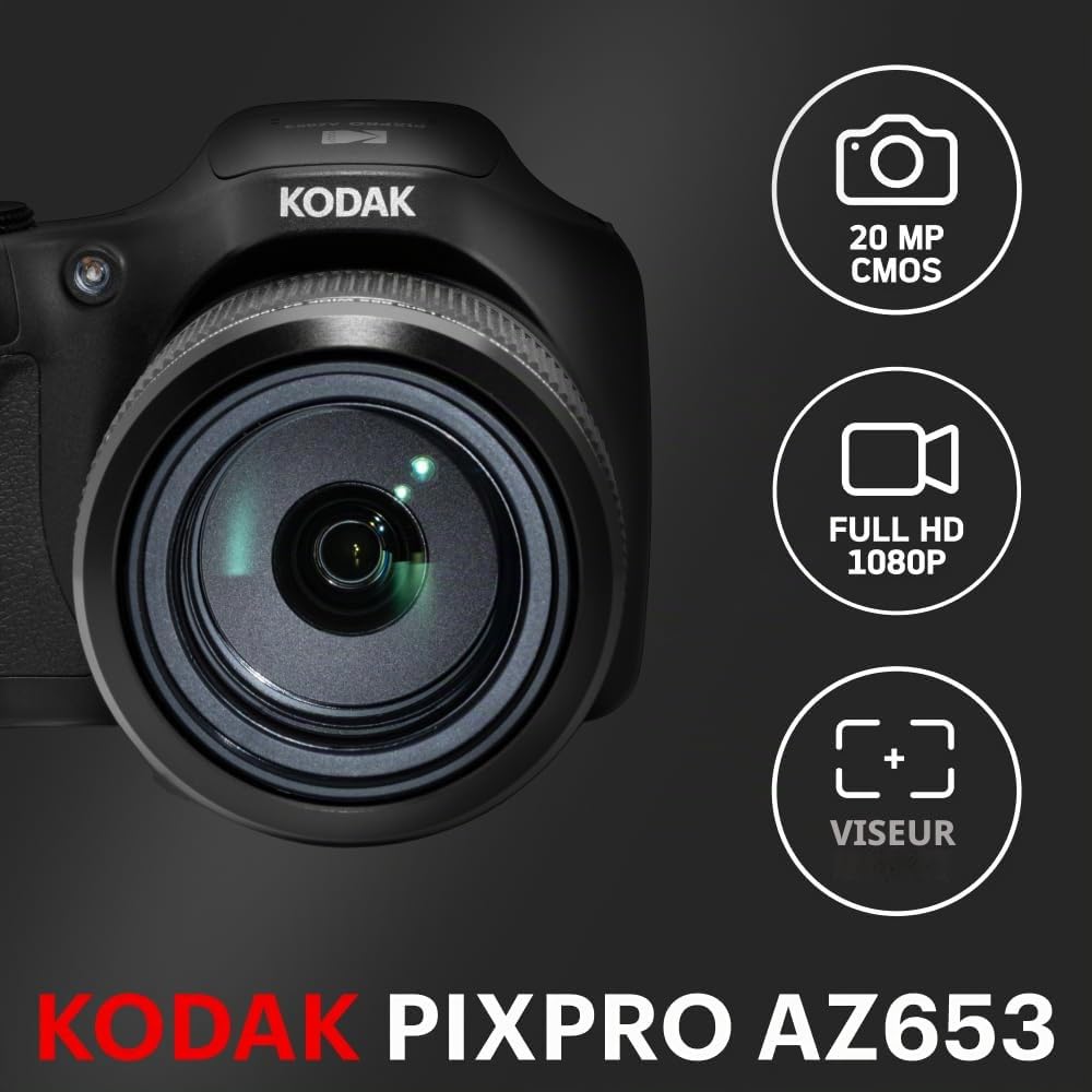 Kodak PIXPRO AZ653 BK Appareil Photo Bridge 20MP CMOS – Zoom Optique 65x, Écran 3.0" LCD, EVF, WiFi, Vidéo 1080p FHD, Stabilisation OIS, Batterie Li-ION, HDMI, USB-C, SDXC