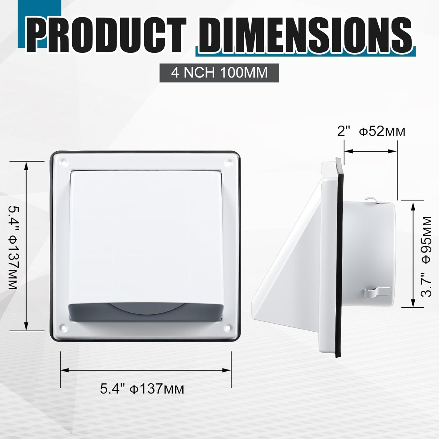 Gisafai 4'' Dryer Vent Cover Outside Walls External Extractor Fan Exhaust Vent Cap Stainless Steel Hood Cushioned Non Return Flap with Sealing Gasket Grille Screen(White)