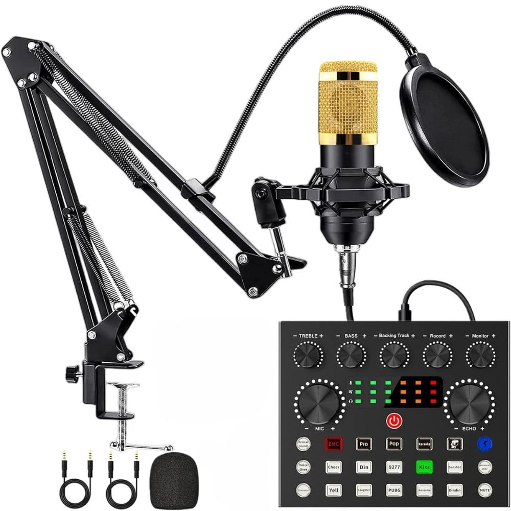 TECHBLAZE Professional Condenser Microphone Set with V8s Sound Card Amplifier Voice Changer Audio Interface Mixer for Live Streaming Podcast Broadcasting Compatible with Phone Laptop PC (Black)