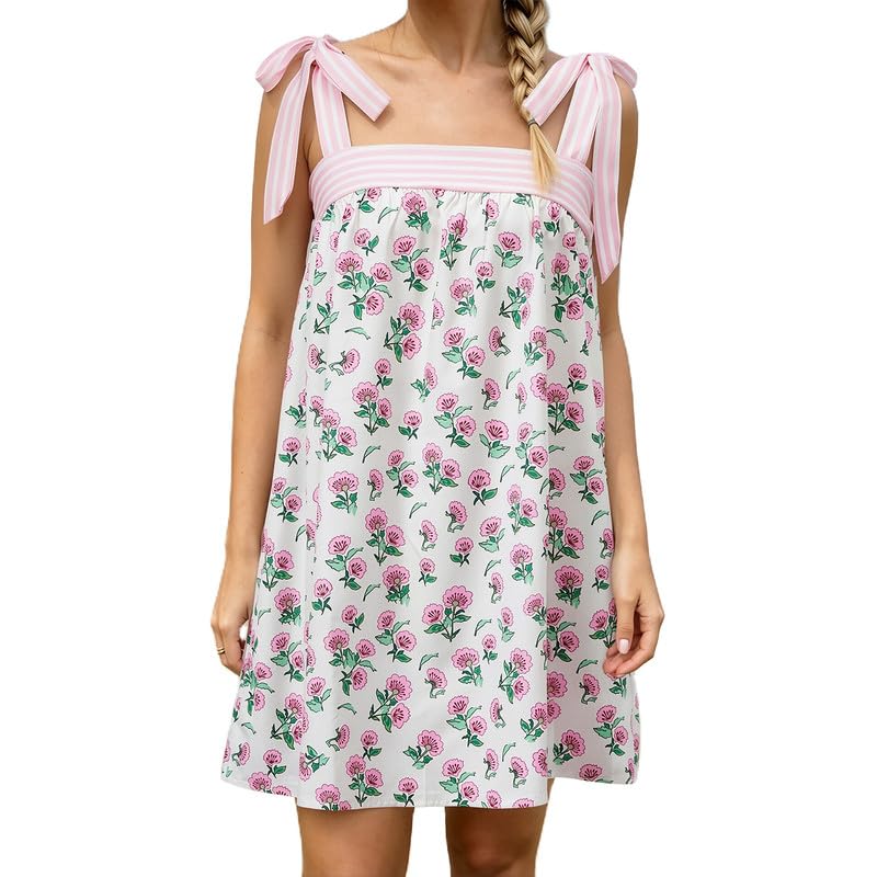 Image of Women Floral Tie Shoulder Mini Dress Cute Square Neck Loose Fit Beach Short Dress Backless Boho Vocation Sundress