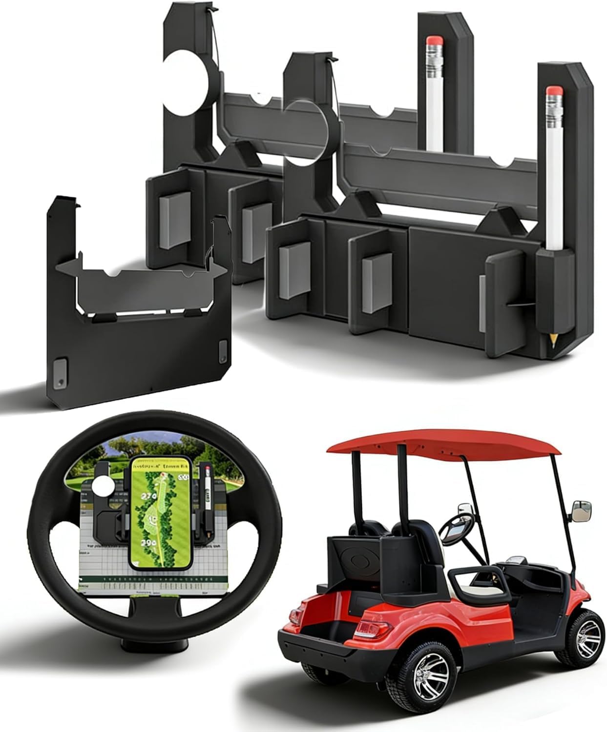 Golf Cart Steering Wheel Phone Holder, 360° Adjustable Cell Phone Holder for Golf Cart, Anti-Slip Stable Clamp, Universal Fit for iPhone Android, Golf Cart Accessories for Easy Viewing (2Pcs)