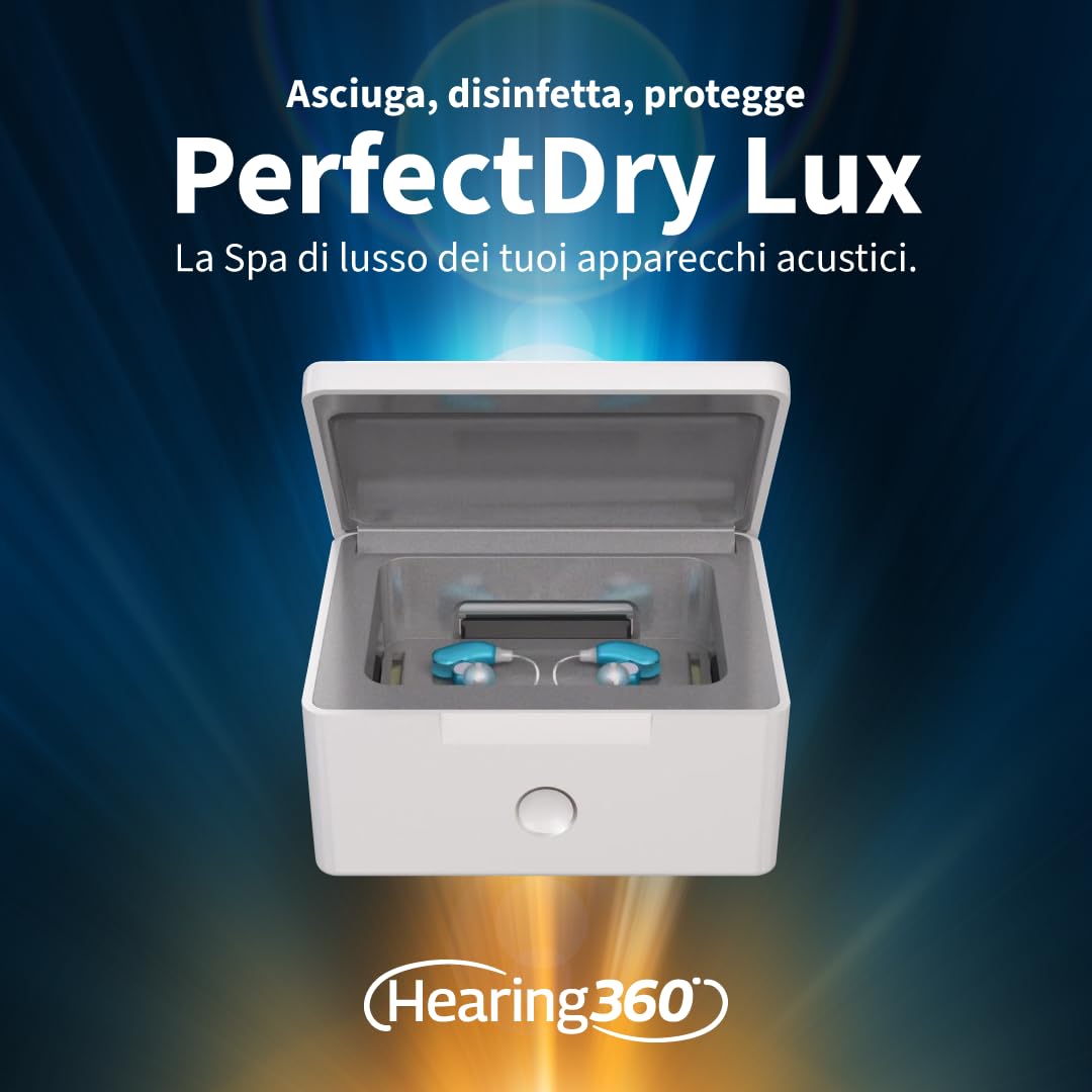 Hearing360 PERFECT DRY LUX stacja czyszcząca UV, osuszanie i suszenie aparatów słuchowych bez baterii wewnętrznych, pulsujący system ciepłego powietrza z automatyczną lampką kontrolną LED