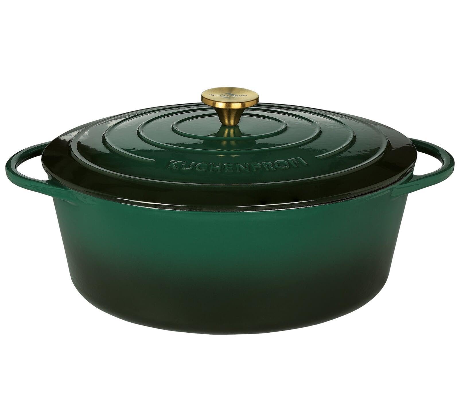 Küchenprofi Gusseisen Bräter mit Deckel, grün/innen schwarz, 33 cm, Schmortopf, Auflaufform, Dutch Oven, Brotbacktopf, emailliert, zum Schmoren,Backen,Braten, 0402001133