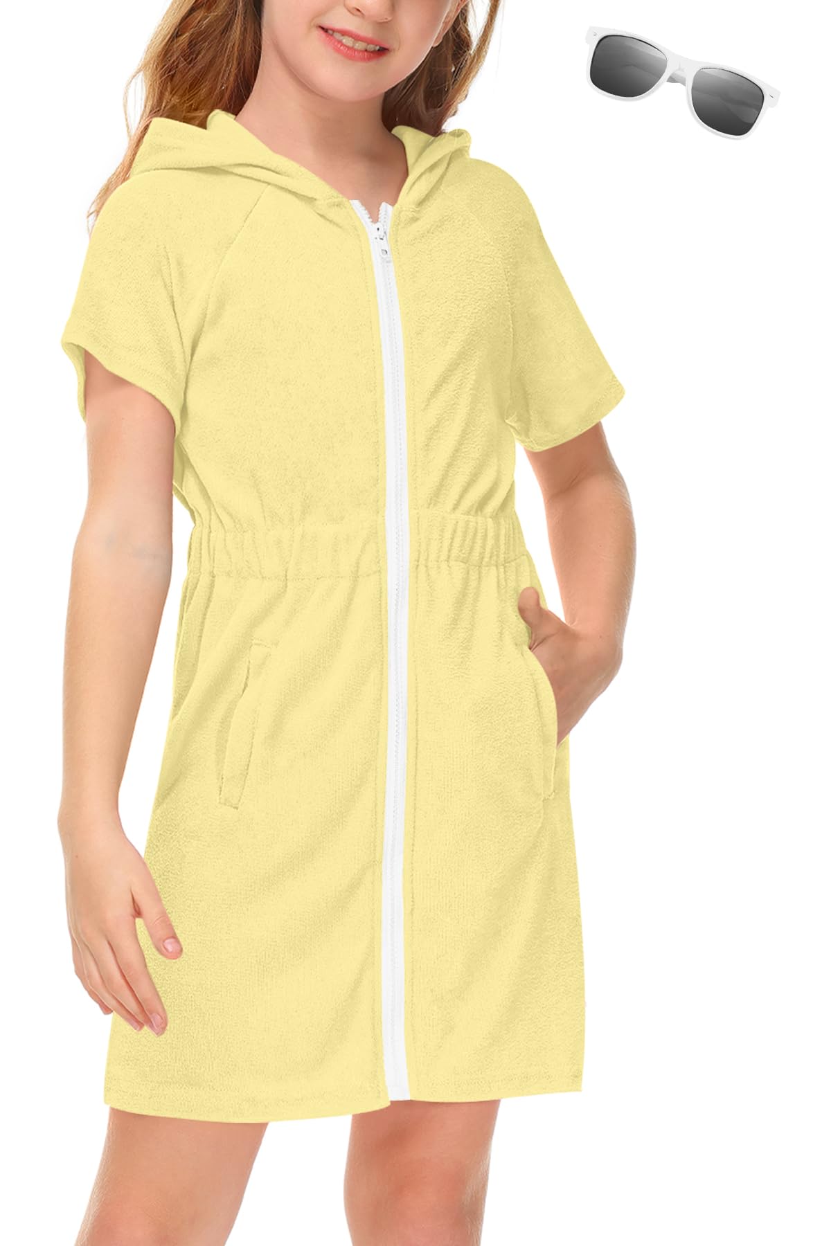 BesserBay Girls Swim Cover Up Beach Bathing Suit Coverups for Swimwear Zip-Up Terry Cloth Robes with Sunglasses 6-14 Years