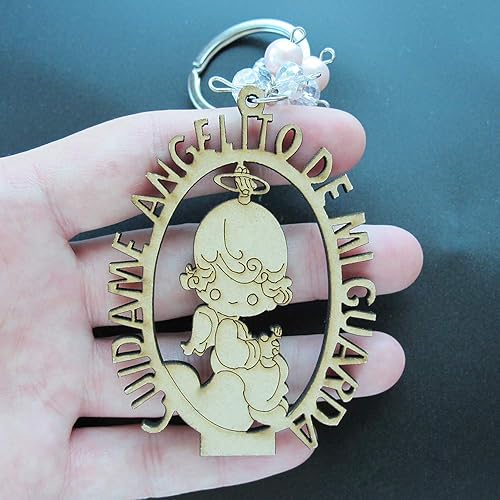 Miniatura 3 de Llavero de ángel de madera para niña bautizo (12 piezas) para bautizo, recuerdos de bautizo, con bolsas de organza, regalo para ideas de invitados