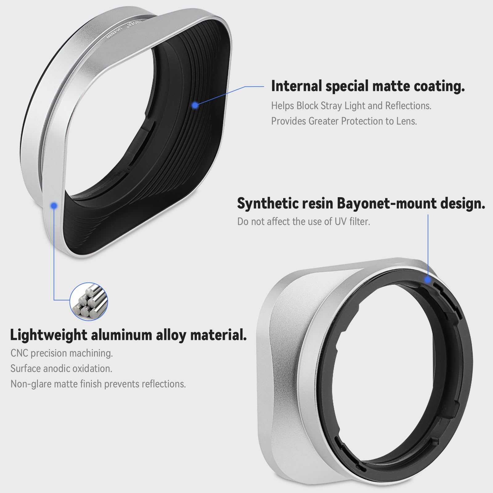 Haoge Bayonet Square Metal Lens Hood for Fujifilm Fuji Fujinon XF 50mm F2 R WR Lens Silver LH-X50W, on XPro3 X-T50 XT5 X-T4 X-T30 X-T3 X-E4 X-A5 X-A20 X-E3 X-H2
