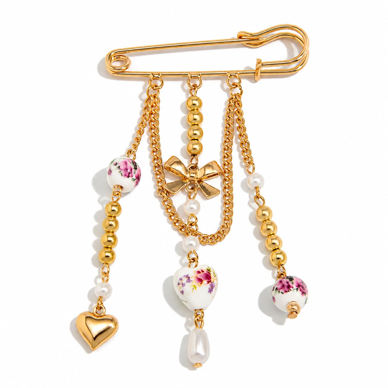 Unique Vintage Floral Charm Safety Pin Brooch for Women – Gold Pearl & Porcelain Statement Pin-image-46