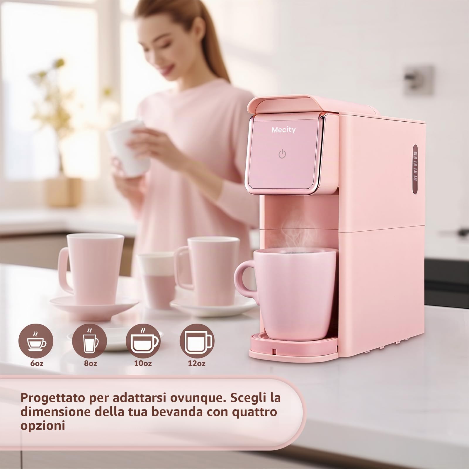 Mecity - Macchina da caffè piccola compatibile con capsula K-CP, caffè macinato, tè sfuso, design compatto per uso domestico, camper, appartamento, spegnimento automatico, 120 V, 1000 W, colore rosa