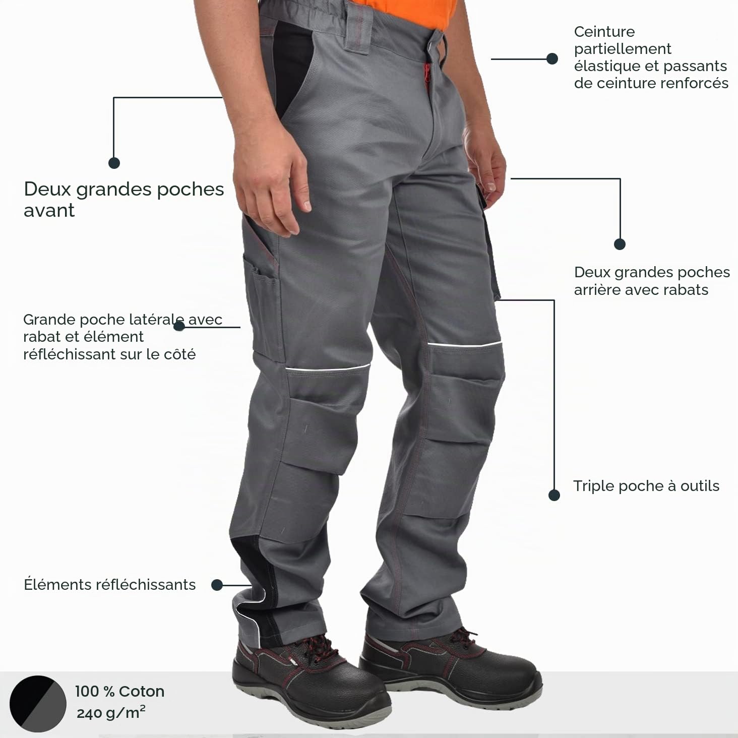 BWOLF Raptor 100% Coton Pantalon de Travail Coton pour Homme Pantalon de Travail Homme avec Poches multifonctionnelles, Poches genouillères, Bandes réfléchissantes