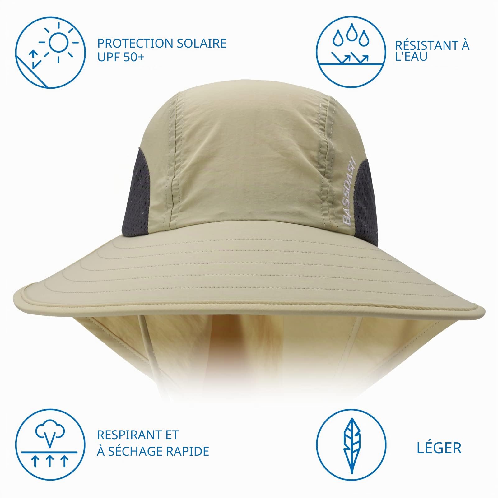 Bassdash Chapeau de Soleil Unisexe Femmes Chapeau de Soleil UPF 50+ Large Bord avec Grande Protection de la Nuque - Queue de Cheval - pour Homme et Femme