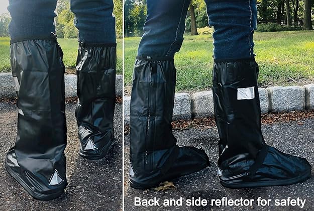 Image of Waterproof Shoe Cover Protector for Men and Women - Reusable Anti-Slip Rubber Overshoes - Tall Boot Galoshes with Safety Reflector - PVC Material, Dustproof, Foldable, Portable, and Durable for Rainy Season and Outdoor Use (1-Pair, Black)