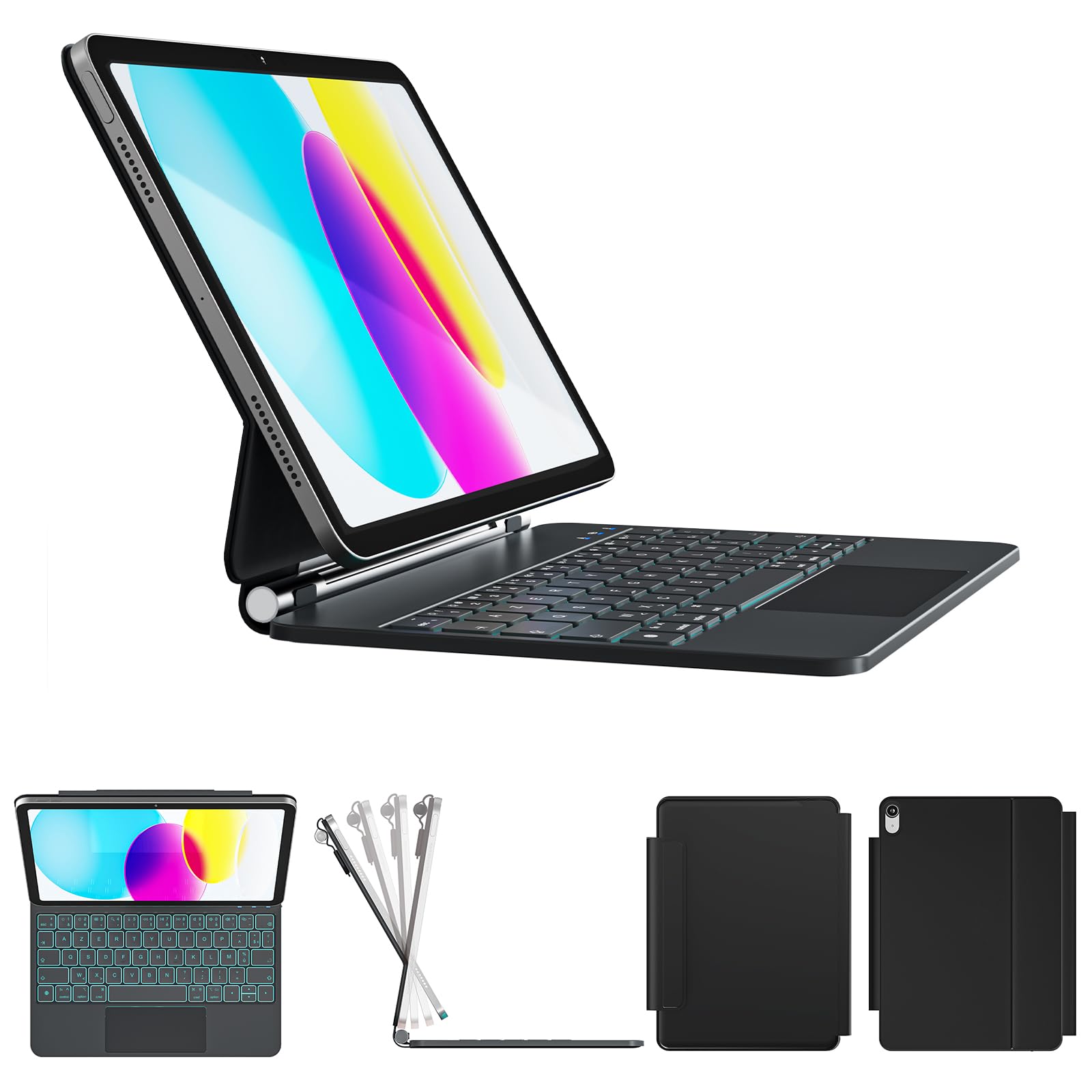 RAYMCRAFT Coque Clavier pour iPad (A16) 11e/10e Génération, Magic Keyboard pour iPad A16 2025/10e 10.9 Pouces, Rétroéclairage 11 Couleurs, Support Magnétique, Smart Trackpad, Boucle pour Stylet, Noir