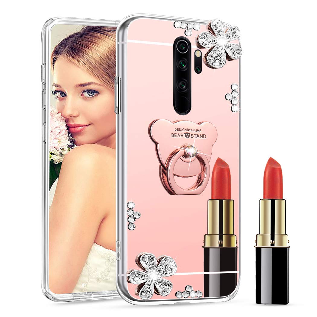 ISADENSER Xiaomi Redmi Note 8 Pro Case Cover Ultra-Slim Bling Diamond Case Mirror Makeup Soft Cover with Ring Stand Holder for Xiaomi Redmi Note 8 Pro, Rose Gold Flower Bear TPU with Stand Holder
