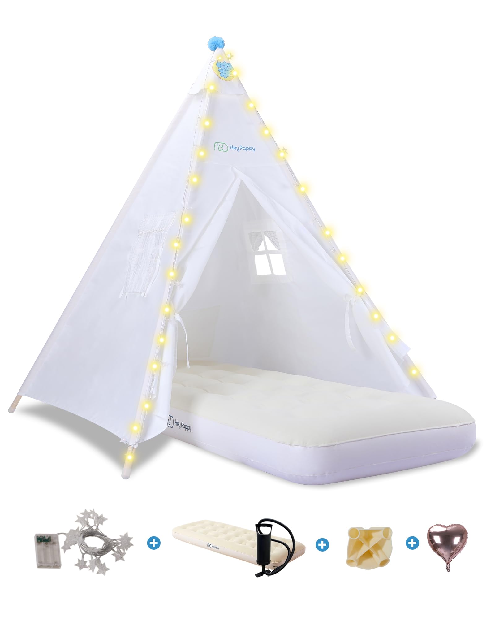 Heypappy Teepee Tent for Kids with Inflatable Airbed, String Lights, Balloons, Pump, Washable Slumber Party Tent Indoor Outdoor for Girls Boys, Children Tipi Playhouse for Playtime and Sleepover