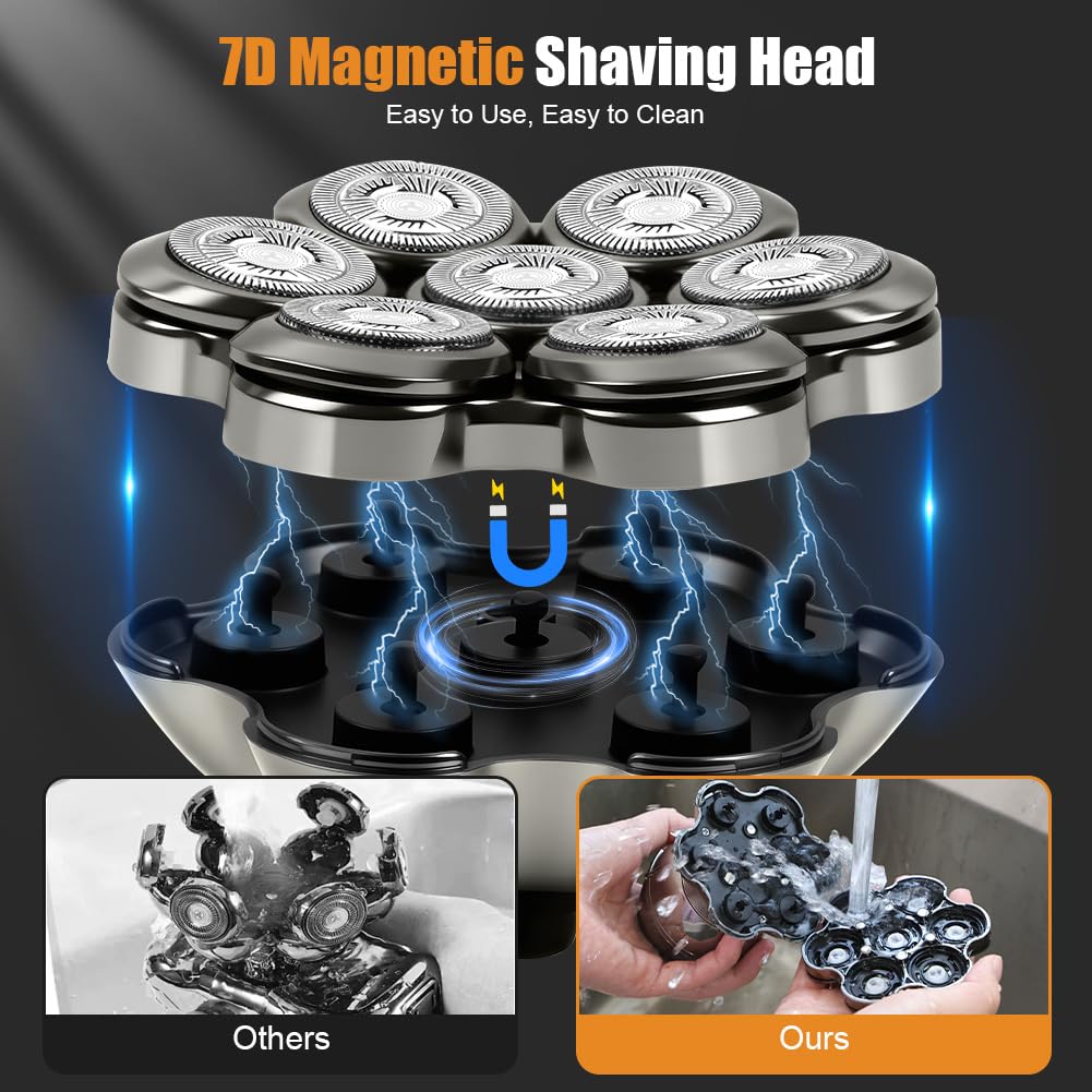 LOPHE 5 en 1 Rasoir Tete Chauve Homme, 7D Rasoir Électrique, Équipé de 7 Têtes de Coupe Flottantes, Type-C Tondeuse Crane Chauve Sans Fil, Sec Étanche IPX6, pour Hommes Chauves Avec Écran LED, A