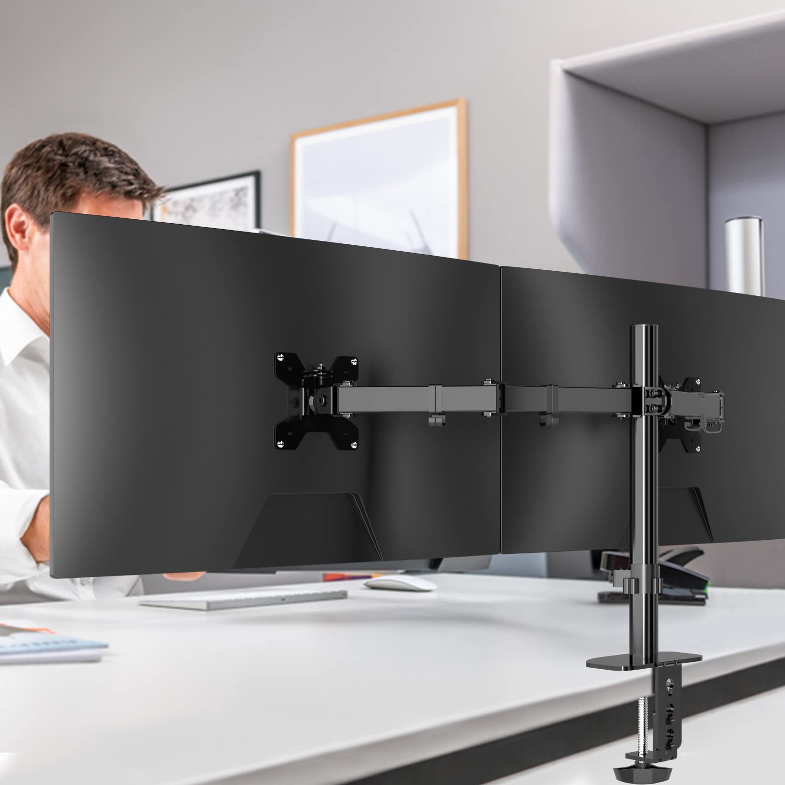 Pholiten Supporto Doppio Monitor per Schermo LED LCD da 13 a 27 Pollici,Rotazione a 360°,Dimensioni VESA 75/100, capacità di Peso Fino a 10 kg(Nero)