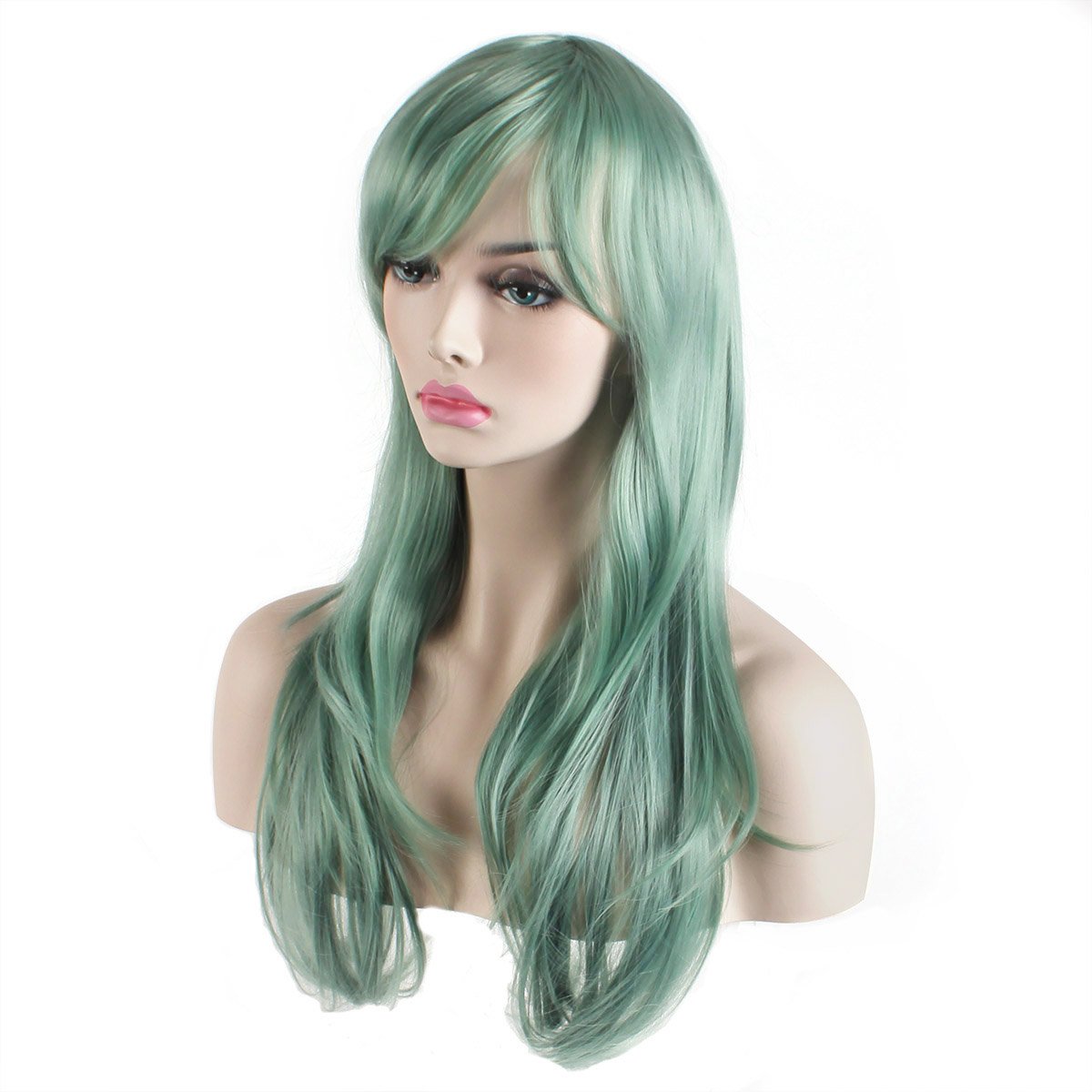 AKStore Womens Heat Resistant 28-Inch 70cm Long Curly Hair Wig with Wig Cap, Green