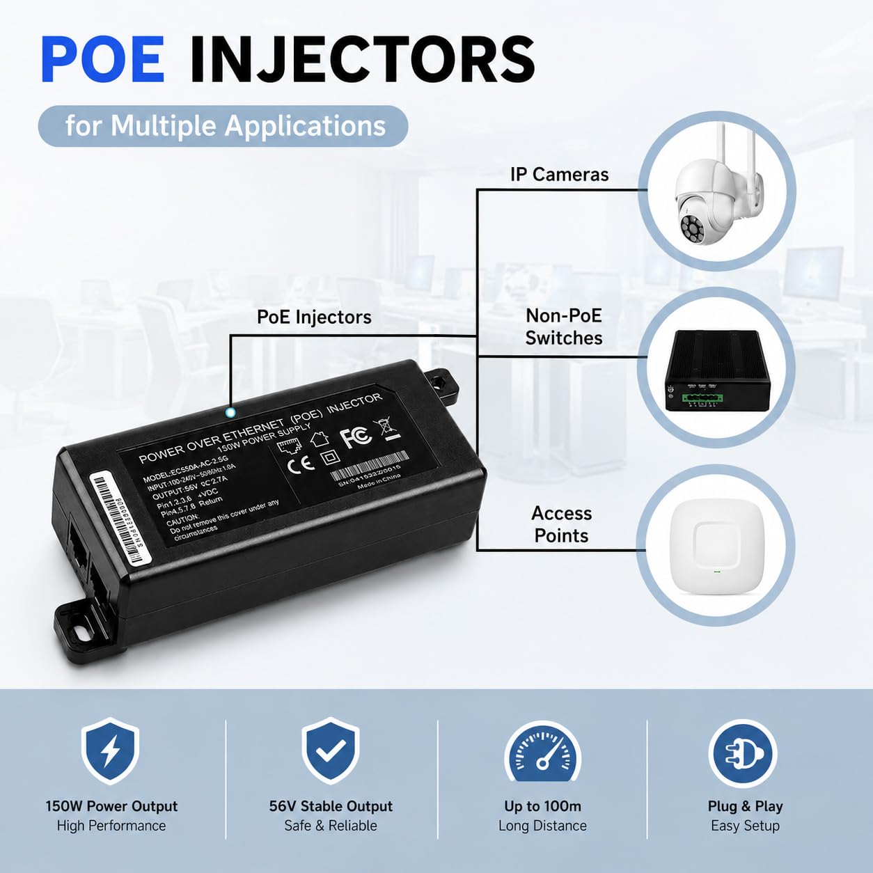Injecteur PoE Passif 150 W pour Starlink Gen 3/Gen 2, Ethernet 2,5 Gbit/s/1 Gbit/s, Sortie 48-56 V, CA 100-240 V, Protection 3 KV, Plug & Play, portée jusqu'à 100 m
