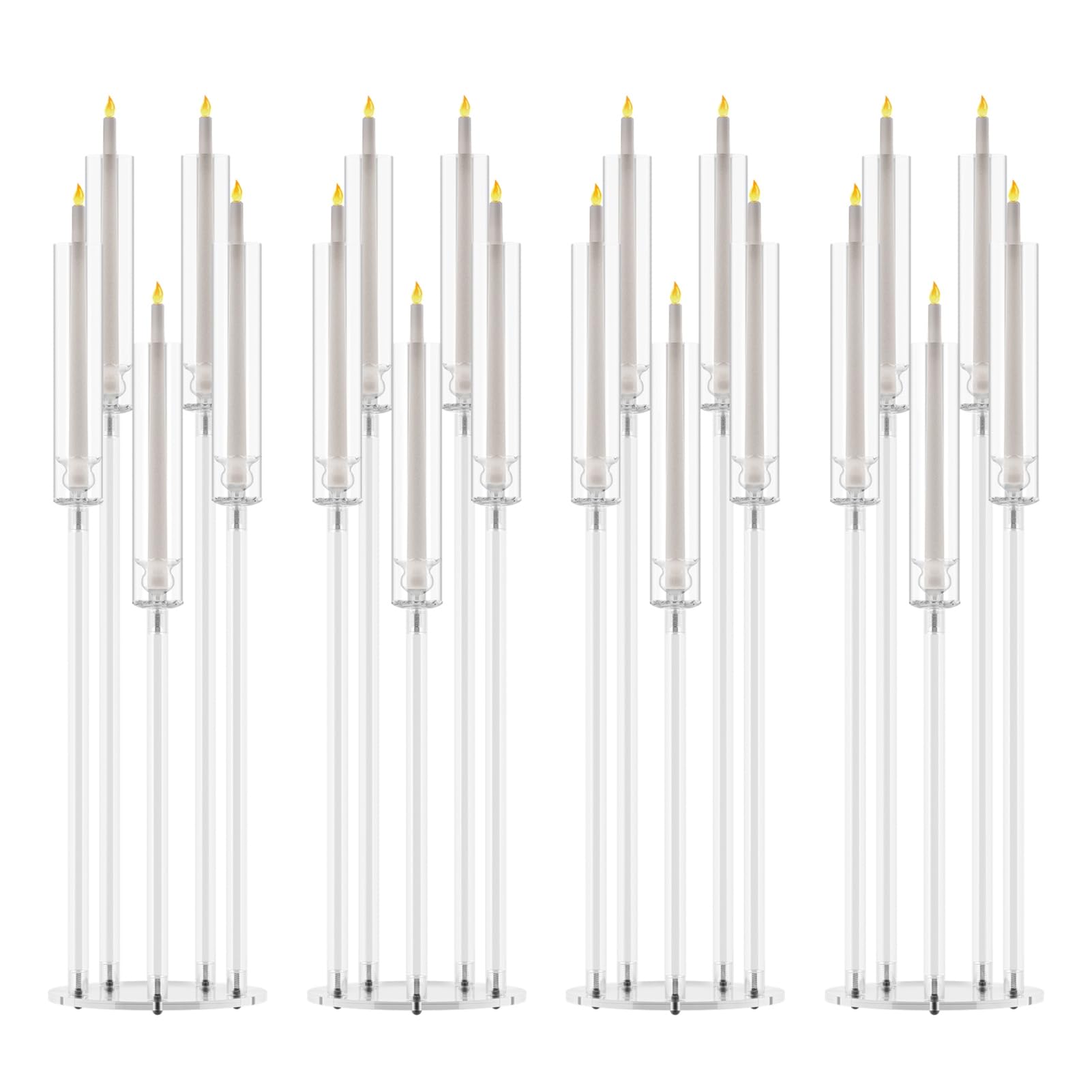 Lot de 4 Centres de Table Candélabres à 5 Bras | Abat-Jour en Acrylique, Pour Bougies LED, Pour Mariages et Dîners, Événements Spéciaux