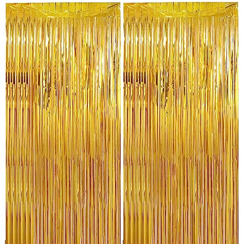Image of 2 Pack 3.28 ft x 6.56 ft Golden Tinsel Curtain Party Backdrop Decorations, Metallic Foil Fringe Backdrop Door for Halloween, Christmas, Birthday Graduat